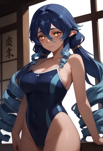 genshin impact,layla,racerback swimsuit,striped trim,name tag patch  - AI generated anime art