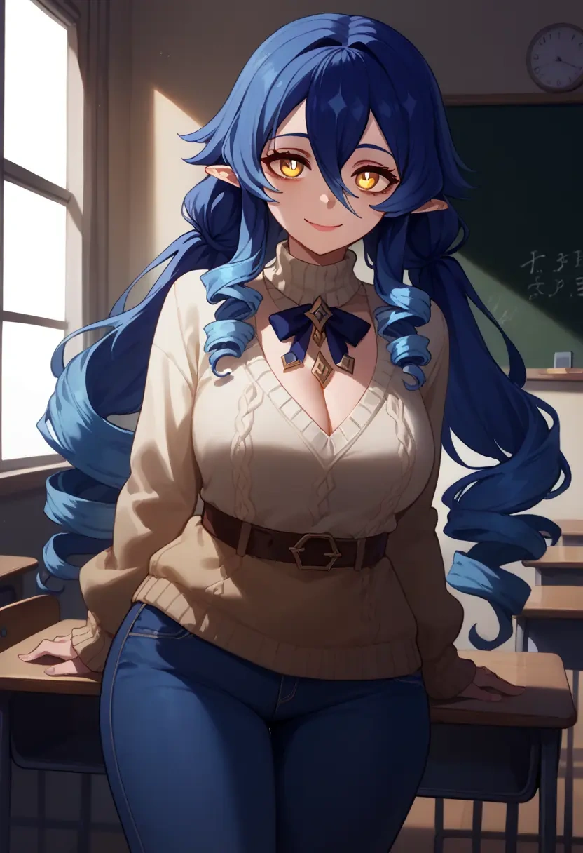 genshin impact,layla,teacher, sweater, jeans shorts  - 