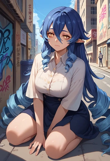 genshin impact,layla,oversized graffiti shirt,dolphin shorts  - AI generated anime art