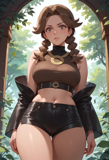 pokemon,leaf_(pokemon),leather,shorts,crop top  - AI generated anime art