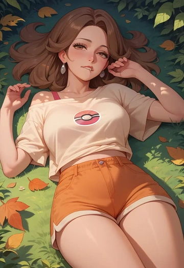 pokemon,leaf_(pokemon),graphic tee,shorts,sneakers  - AI generated anime art