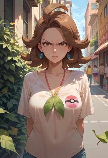 pokemon,leaf_(pokemon),tie-dye shirt,dolphin shorts  - AI generated anime art