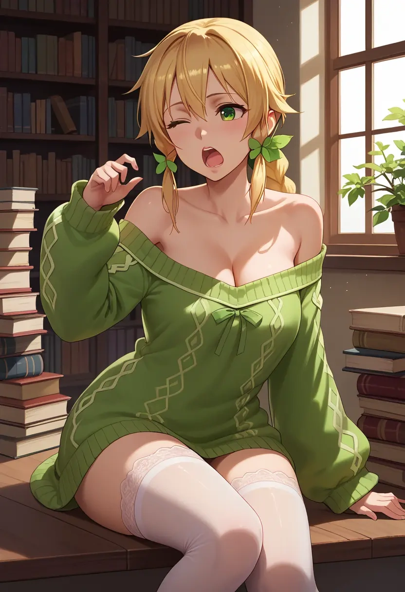 sword_art_online,leafa,Yawning,off-shoulder,sweater,stockings  - 