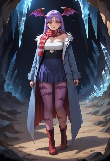 vampire_(game),lilith_aensland,winter,student uniform,puffer coat  - AI generated anime art