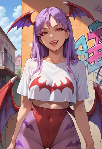 vampire_(game),lilith_aensland,cropped graffiti sweatshirt,dolphin shorts  - AI generated anime art