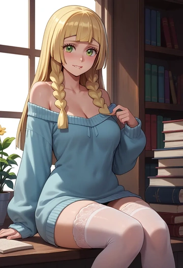 pokemon,lillie_(pokemon),Biting lip,off-shoulder,sweater,stockings  - AI generated anime art