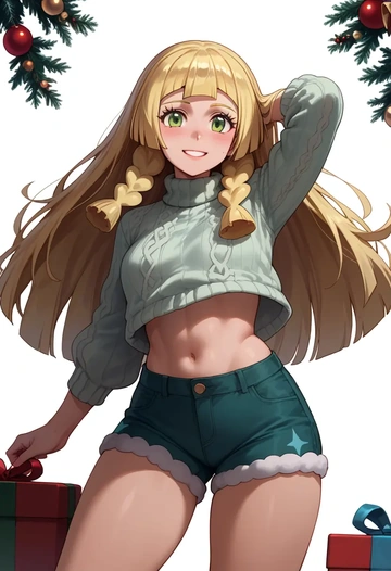 pokemon,lillie_(pokemon),Christmas,red velvet shorts,turtleneck sweater  - AI generated anime art