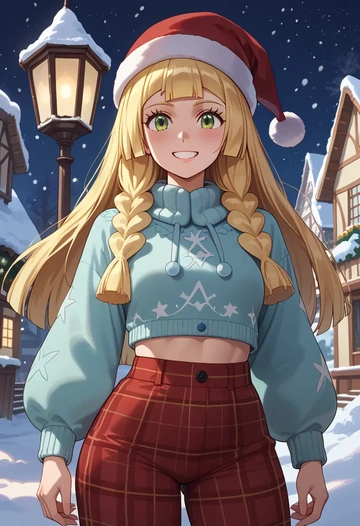 pokemon,lillie_(pokemon),Christmas,plaid trousers  - AI generated anime art