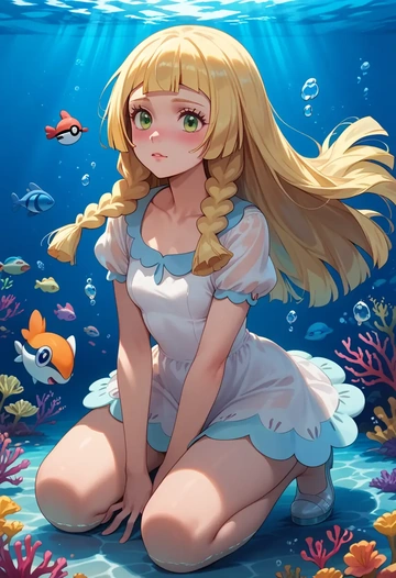 pokemon,lillie_(pokemon),mesh graffiti top,dolphin shorts  - AI generated anime art