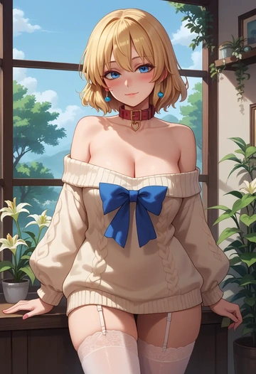 touhou,lily_white,blushing,collar,off-shoulder,sweater,stockings  - AI generated anime art