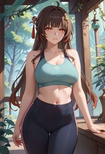 star rail,lingsha,yoga shorts, bra  - AI generated anime art