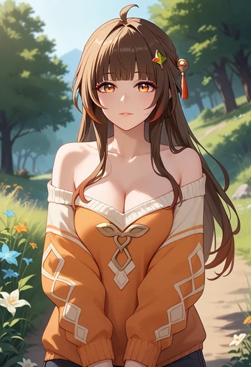 star rail,lingsha,orange,sweater  - AI generated anime art