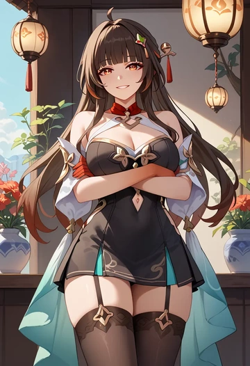 star rail,lingsha,mini skirt,stockings  - AI generated anime art