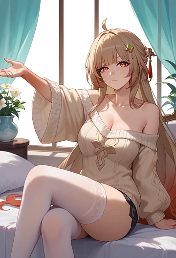 star rail,lingsha,cross-legged,off-shoulder,sweater,stockings  - AI generated anime art