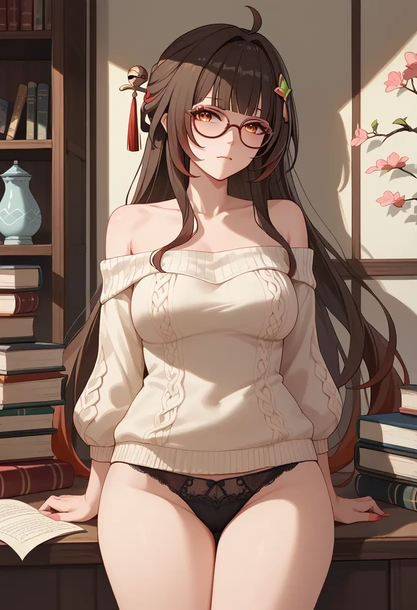 star rail,lingsha,sweater,panties,off-shoulder,glasses,sexy  - 