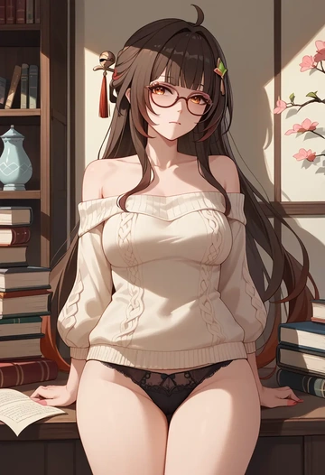 star rail,lingsha,sweater,panties,off-shoulder,glasses,sexy  - AI generated anime art