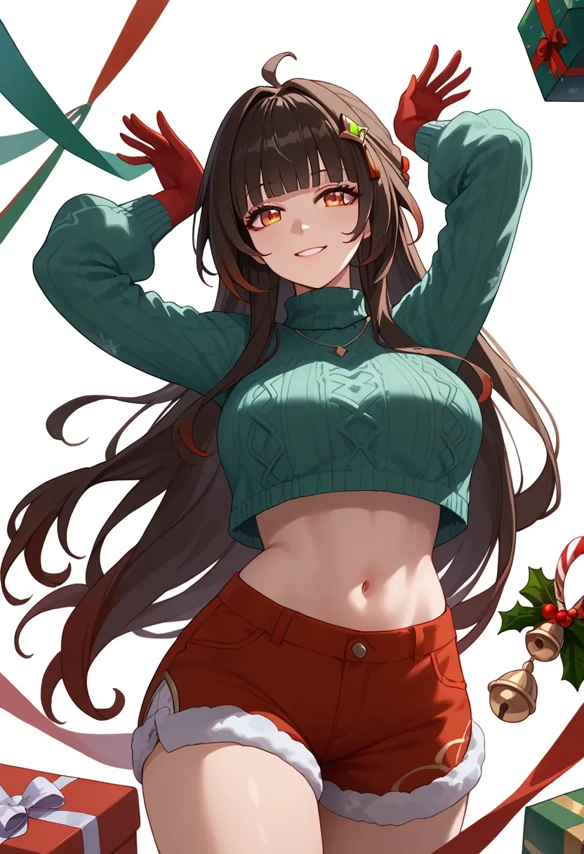 star rail,lingsha,Christmas,red velvet shorts,turtleneck sweater  - 