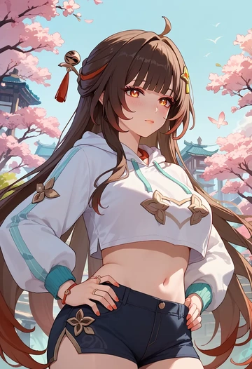 star rail,lingsha,crop hoodie,shorts  - AI generated anime art