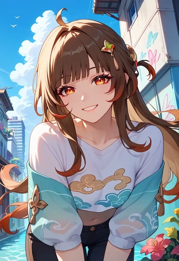 star rail,lingsha,cropped graffiti sweatshirt,dolphin shorts  - AI generated anime art