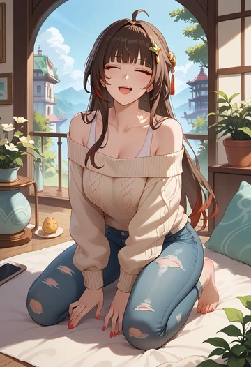 star rail,lingsha,sweater,off-shoulder,ripped jeans  - AI generated anime art