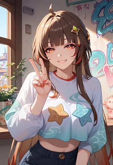 star rail,lingsha,cropped graffiti sweatshirt,dolphin shorts  - AI generated anime art