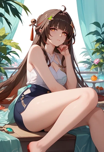 star rail,lingsha,sleeveless swim top,shorts-style bottom,contrast stitching  - AI generated anime art