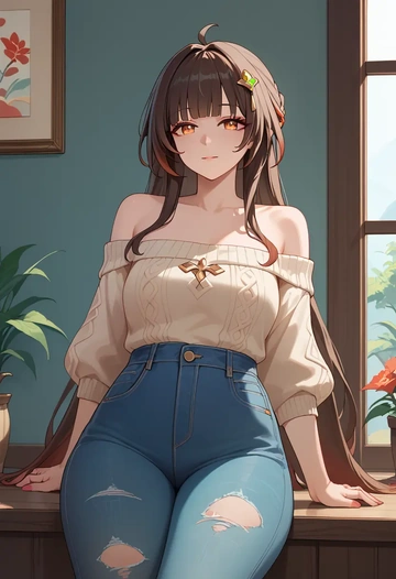 star rail,lingsha,sweater,off-shoulder,ripped jeans  - AI generated anime art