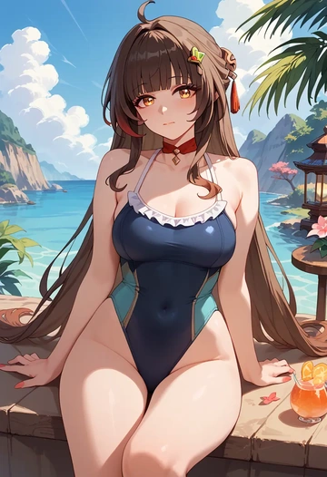 star rail,lingsha,retro style swimsuit,frilled neckline,bow detail  - AI generated anime art