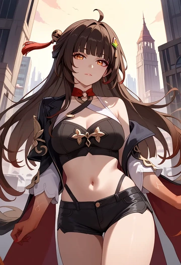 star rail,lingsha,leather,shorts,crop top  - AI generated anime art