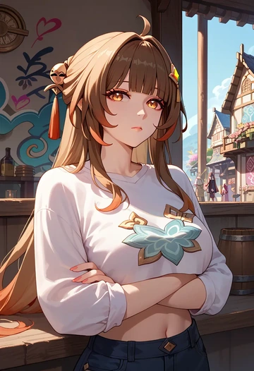 star rail,lingsha,cropped graffiti sweatshirt,dolphin shorts  - AI generated anime art