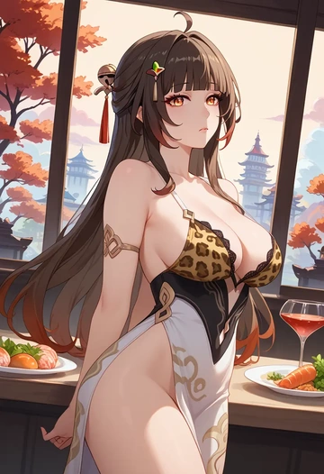 star rail,lingsha,leopard print,silk slip dress  - AI generated anime art