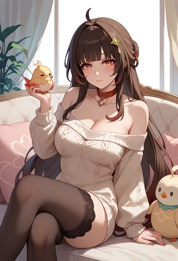 star rail,lingsha,blushing,collar,off-shoulder,sweater,stockings  - AI generated anime art