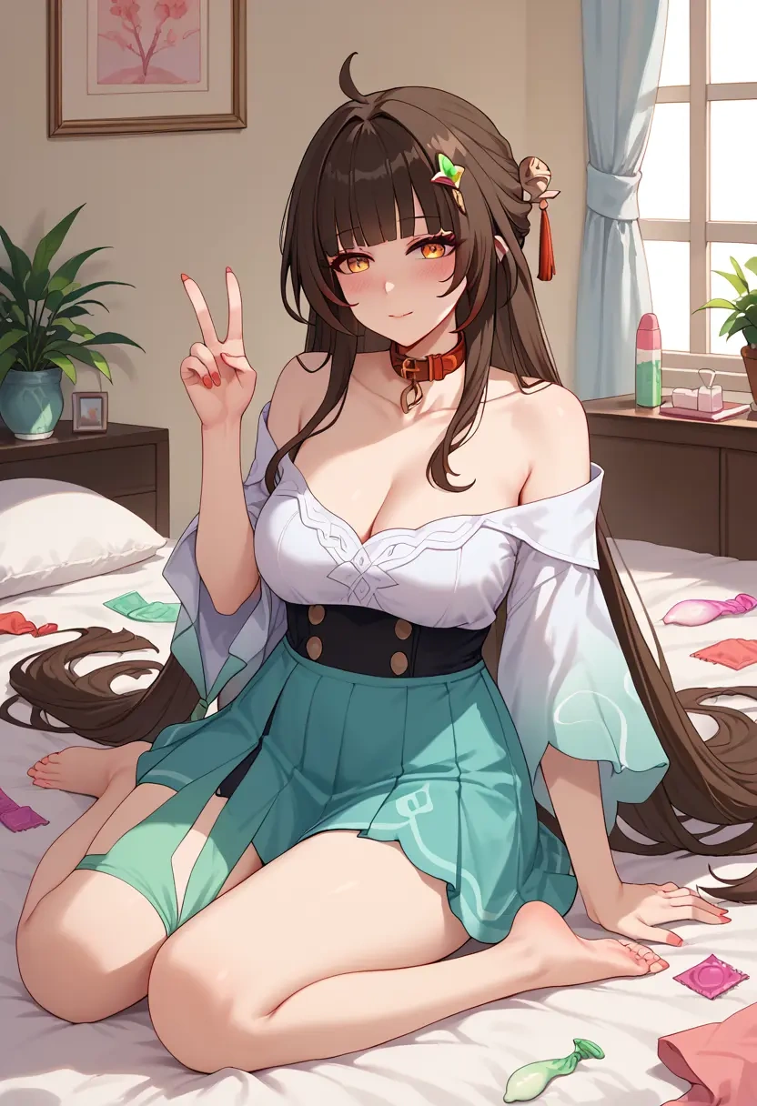 star rail,lingsha,blushing,collar, peace sign, condom,mini skirt,Thigh garters  - 