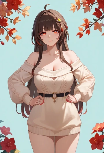 star rail,lingsha,Hands on hips,off-shoulder,sweater  - AI generated anime art