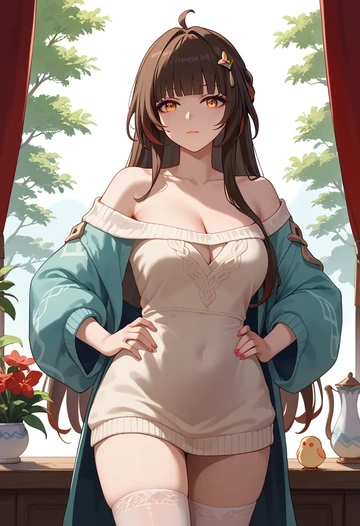 star rail,lingsha,Hands on hips,off-shoulder,sweater,stockings  - AI generated anime art