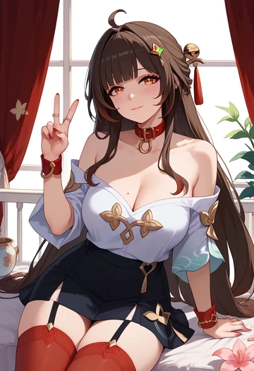 star rail,lingsha,blushing,collar,Thigh garters  - AI generated anime art