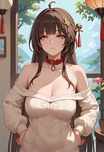 star rail,lingsha,sweater,off-shoulder,collar  - AI generated anime art