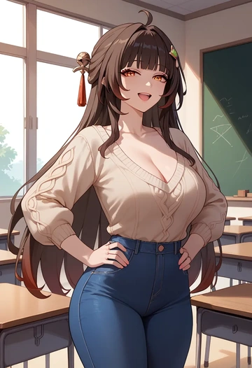 star rail,lingsha,teacher, sweater, jeans shorts  - AI generated anime art