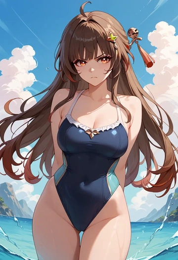 star rail,lingsha,retro style swimsuit,frilled neckline,bow detail  - AI generated anime art