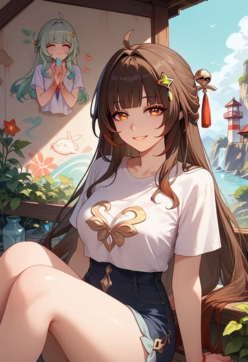 star rail,lingsha,crop graffiti tee,dolphin shorts  - AI generated anime art