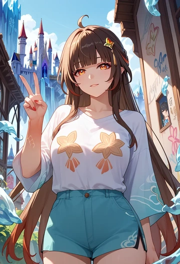 star rail,lingsha,oversized graffiti shirt,dolphin shorts  - AI generated anime art