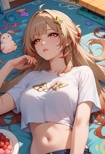 star rail,lingsha,crop graffiti tee,dolphin shorts  - AI generated anime art