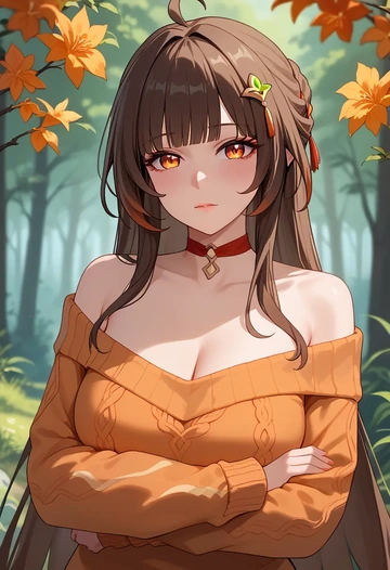 star rail,lingsha,orange,sweater,choker  - AI generated anime art