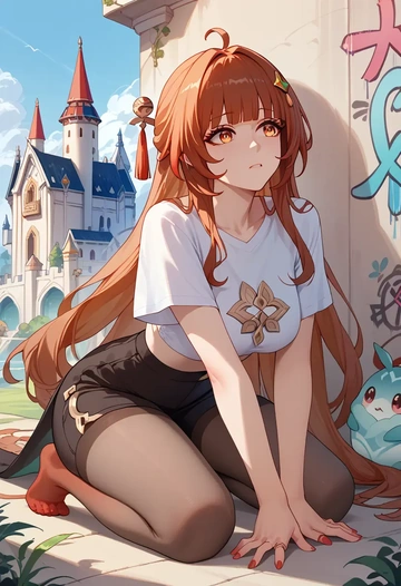 star rail,lingsha,crop graffiti tee,dolphin shorts  - AI generated anime art