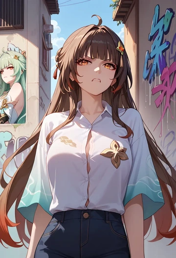 star rail,lingsha,oversized graffiti shirt,dolphin shorts  - AI generated anime art