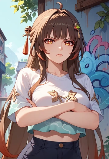 star rail,lingsha,cropped graffiti sweatshirt,dolphin shorts  - AI generated anime art