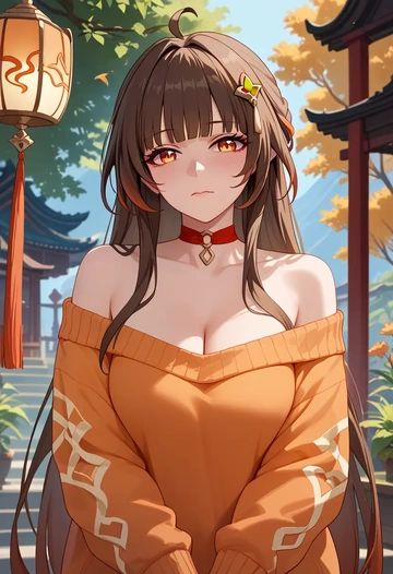 star rail,lingsha,orange,sweater,choker  - AI generated anime art