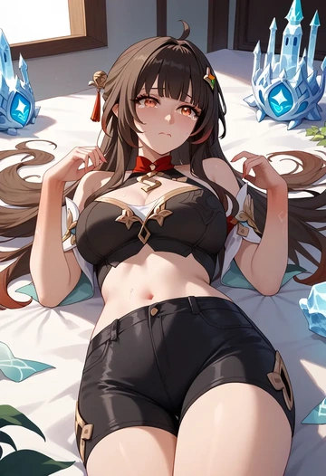 star rail,lingsha,leather,shorts,crop top  - AI generated anime art