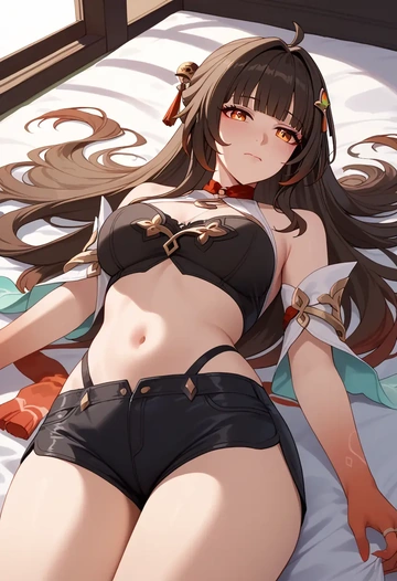 star rail,lingsha,leather,shorts,crop top  - AI generated anime art