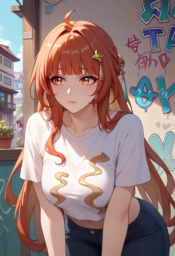 star rail,lingsha,crop graffiti tee,dolphin shorts  - AI generated anime art